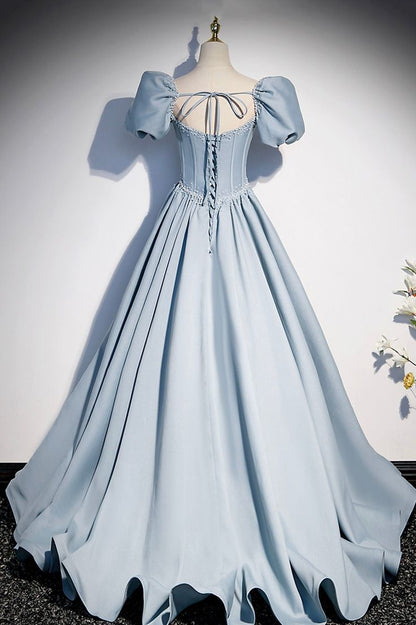 A Line Puff Sleeve Blue Satin Pearl Long Prom Dress Evening Dress DP1102