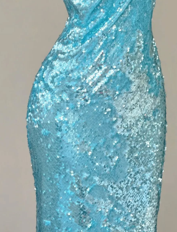 Shiny Blue Mermaid Halter Beaded Sequin Open Back Prom Dress Evening Dress DP4682