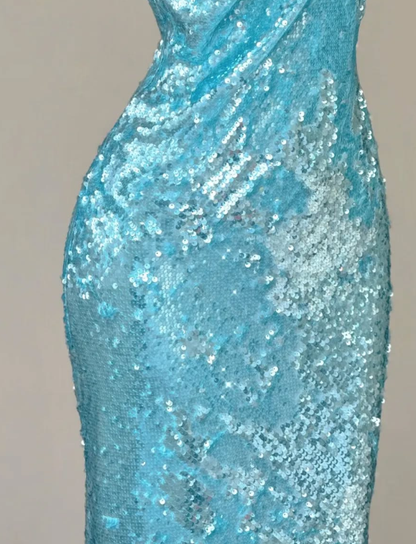 Shiny Blue Mermaid Halter Beaded Sequin Open Back Prom Dress Evening Dress DP4682