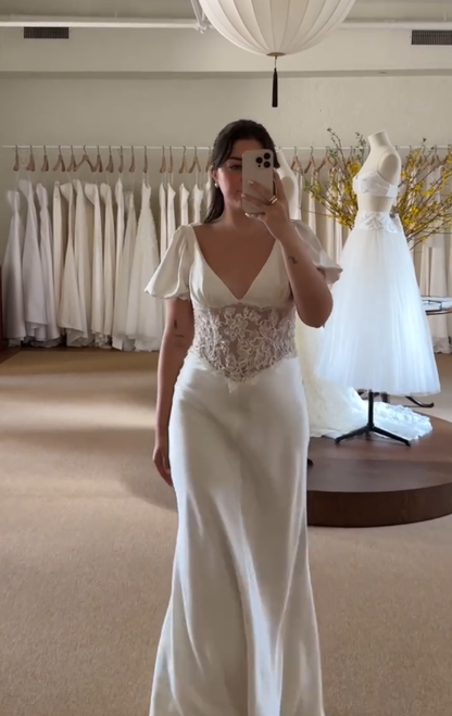 White Cute Mermaid Puff Lace Satin Long Wedding Dress Prom Dress DP4305