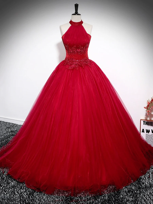 Red A-Line Halter Long Prom DressTulle Evening Dress DP250