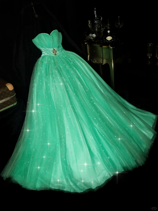 Charming Green A Line Sweetheart Neck Tulle Prom Dress Party Evening Dress DP5340
