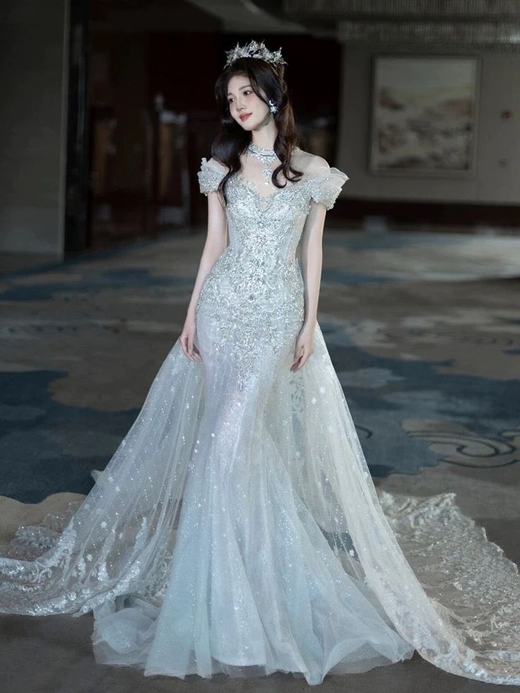 Exquisite Blue Beaded Mermaid Off the Shoulder Tulle Prom Dress Evening Dress DP3034
