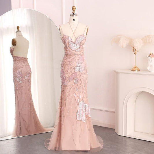 Luxury Mermaid Spaghetti Straps Beading Sequins Tulle Evening Dresses DP807