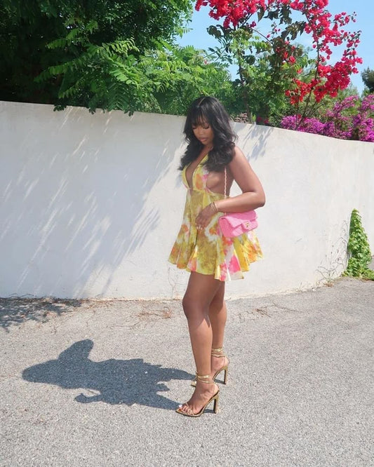 Summer Print Floral A Line V Neck Backless Chiffon Short Homecoming Dress Birthday Dress Outfits DP3089