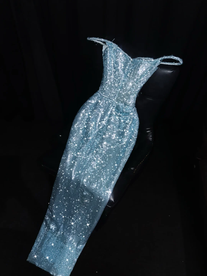 Stunning Blue Sheath Off the Shoulder Sequin Long Prom Dress Evening Dress DP1942
