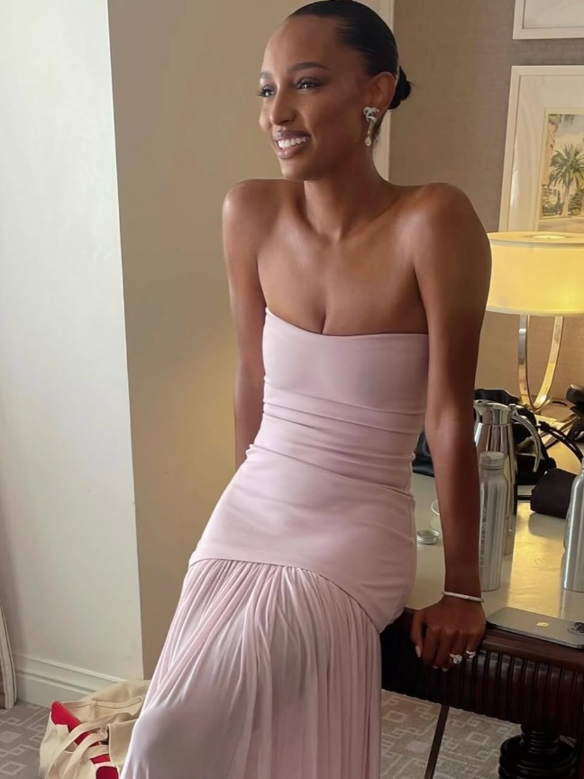Simple A Line Strapless Light Pink Satin Chiffon Prom Dress Evening Dress DP1609