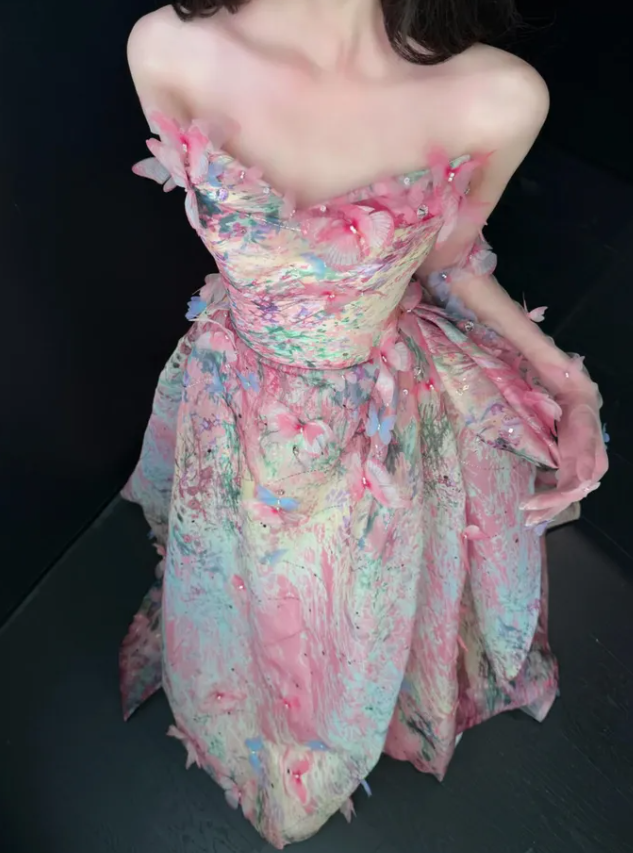 Sweety Pink Ball Gown Print Floral Chiffon Prom Dress Quinceanera Dress DP6614