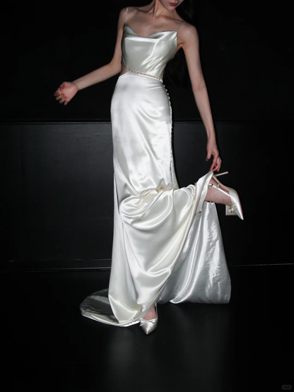 White Pearl A Line Spaghetti Strap Satin Long Wedding Dress DP5783