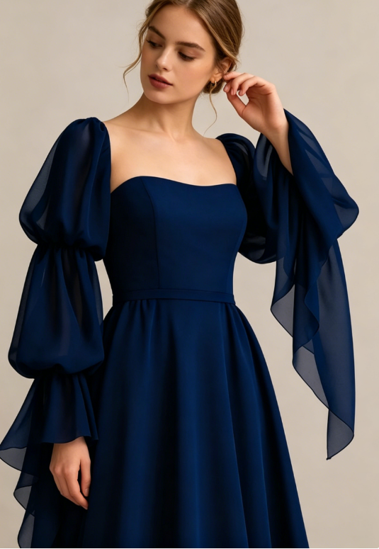 Flowy Elegant Dark Blue Long Sleeve Chiffon Long Party Dress Date Dress DP2932