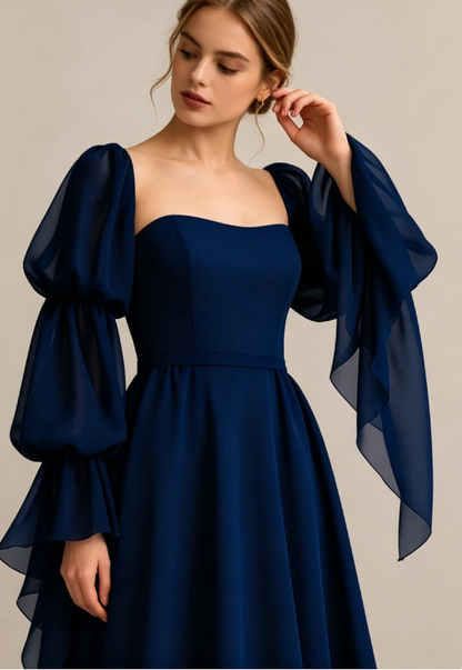 Flowy Elegant Dark Blue Long Sleeve Chiffon Long Party Dress Date Dress DP2932