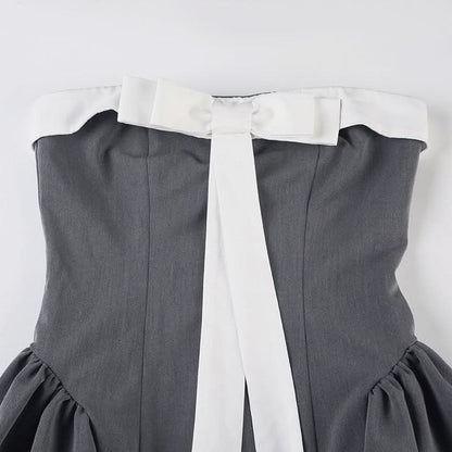 Cute A Line Strapless Bow Grey Satin Short Homecoming Dress Cocktail Dress DP2541