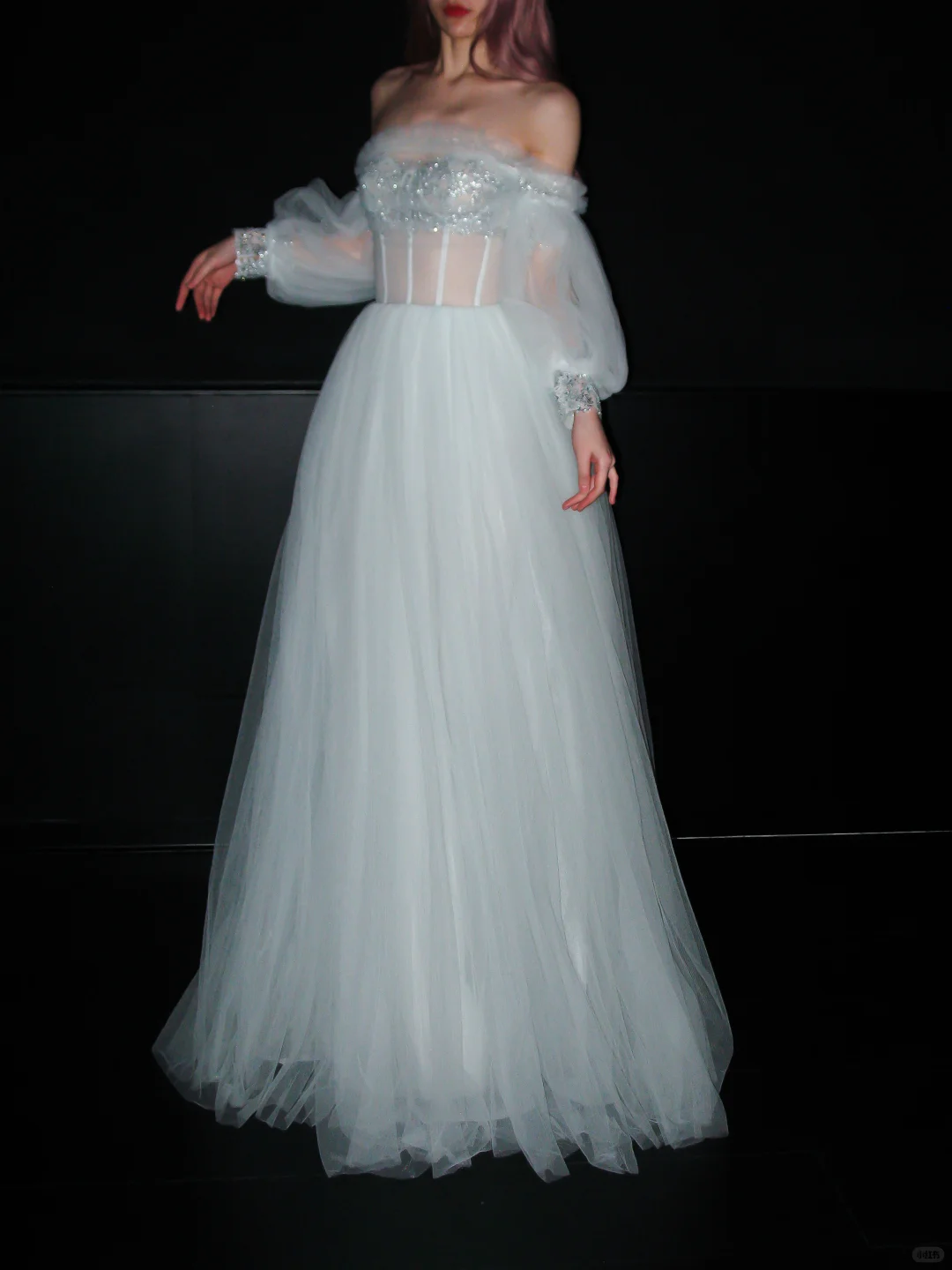 Pretty A Line Puff Sleeve Foggy Blue Tulle Long Prom Dress DP5198