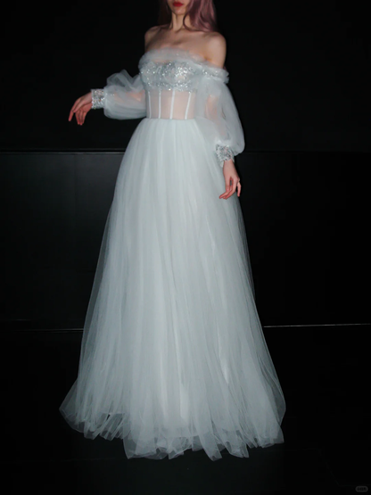 Pretty A Line Puff Sleeve Foggy Blue Tulle Long Prom Dress DP5198