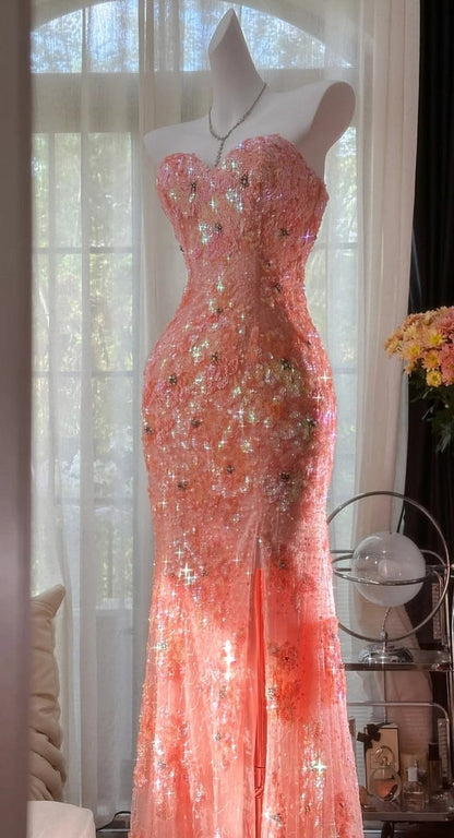 Pink Orange Mermaid Sweetheart Neck Shiny Sequin Beaded Tulle Prom Dress Evening Dress DP5746