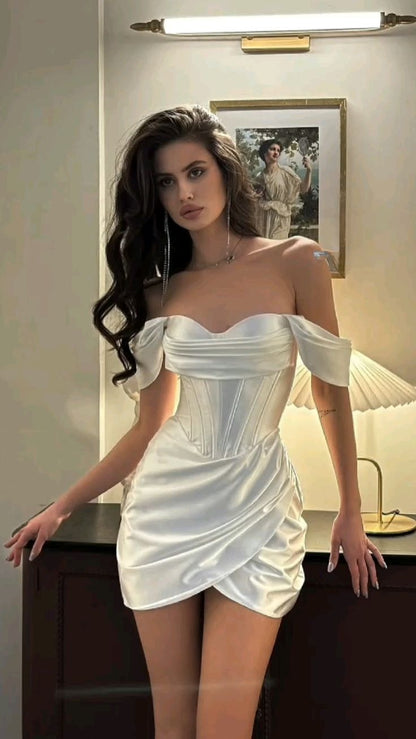 Beautiful White Sheath Off the Shoulder Corset Satin Short Prom Dress Homecoming Dress DP7907