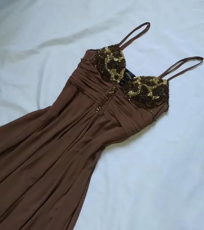 Vintage A Line Spaghetti Strap Beaded Sequin Brown Chiffon Prom Dress Graduation Prom Dress DP2155