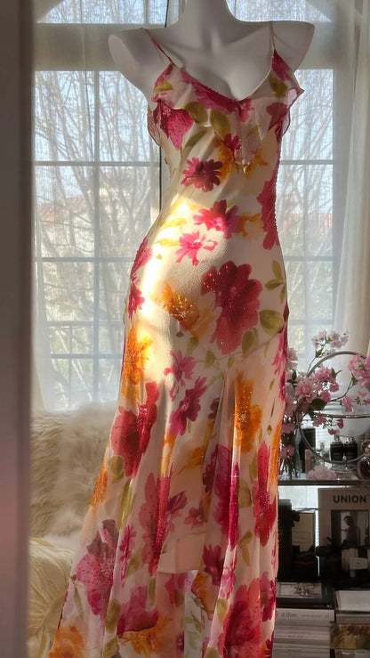 Pretty Chiffon Print Floral Beaded Mermaid Evening Dress Long Formal Party Dress DP3001