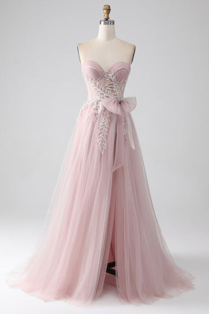 Sparkly A Line Strapless Tulle Long Prom Dress Evening Dress with Bow DP1378