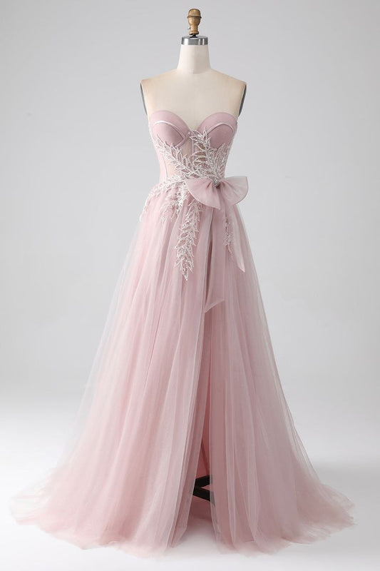 Sparkly A Line Strapless Tulle Long Prom Dress Evening Dress with Bow DP1378