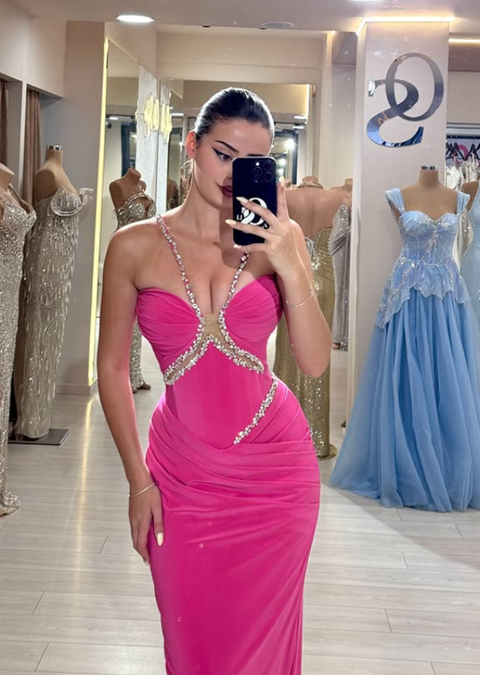 Hot Pink Sheath Halter Rhinestone Velvet Long Prom Dress Evening Dress DP4393