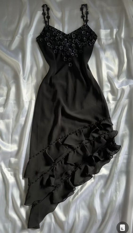 Vintage Black Spaghetti Straps Appliques Flower Chiffon Evening Dress Outfits DP1272
