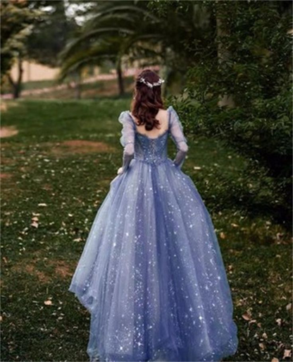 Blue Tulle Beaded Long Fairy Ball Gown Long Sleeves Tulle Prom Dress Quinceanera Dress DP306