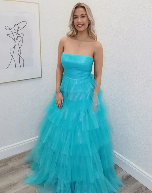 Bright Blue A Line Strapless Layered Tulle Prom Dress Evening Dress DP6354