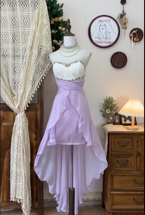 Vintage A Line Sweetheart Neck Beaded White Lace Purple Chiffon Homecoming Dress Cocktail Dress DP2444