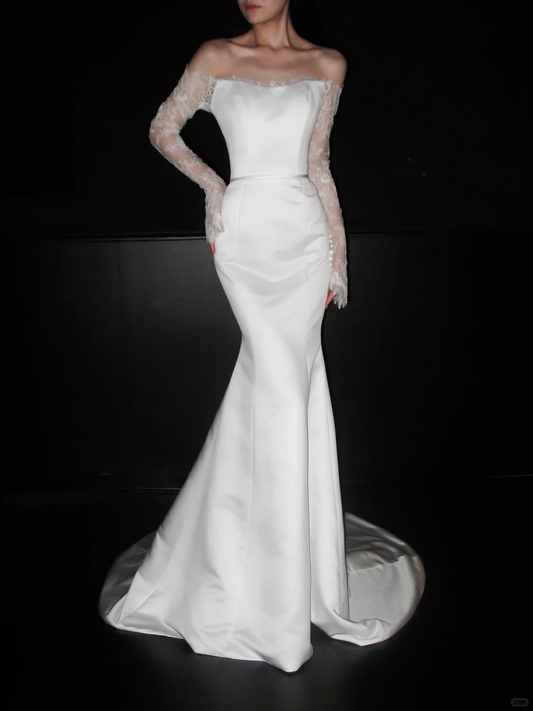 Graceful Mermaid Long Sleeve White Lace Satin Long Wedding Dress DP5208