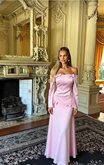 Two Piece Pink Bow A Line Long Sleeve Chiffon Satin Prom Dress 16th Birthday Dress DP3955