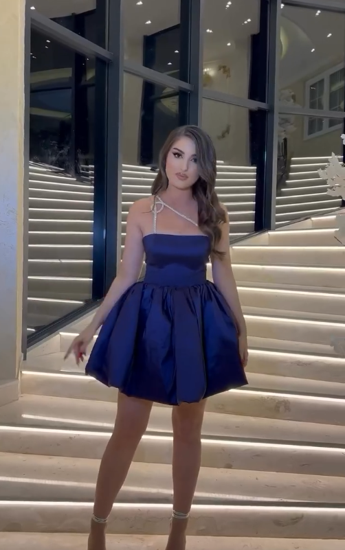 Navy Blue A Line One Shoulder Rhinestone Satin Short Homecoming Dress Party Dress DP4084