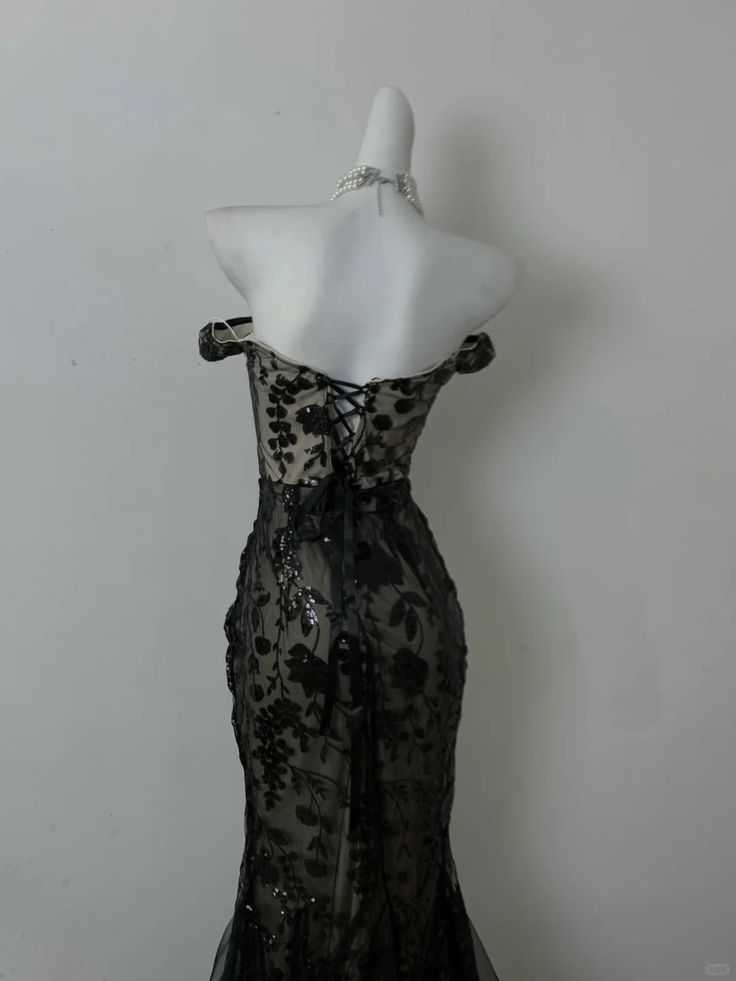 Classy Mermaid Off the Shoulder Black Sequin Tulle Long Party Dress Evening Dress DP2411