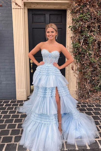A Line Strapless Layered Tulle Long Prom Dresses With Slit DP773