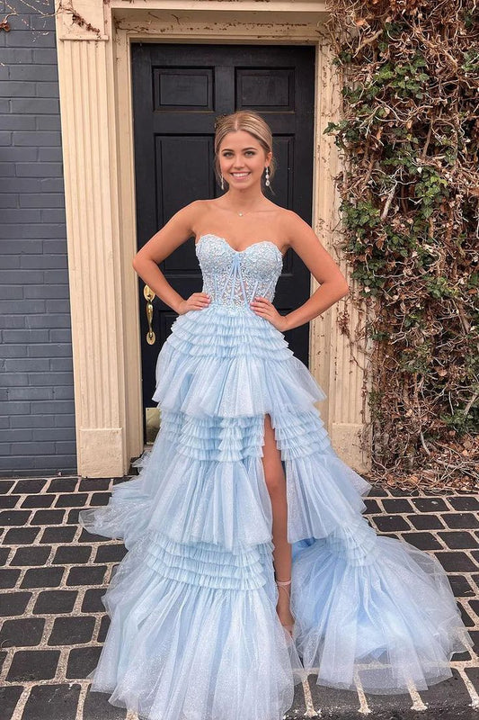 A Line Strapless Layered Tulle Long Prom Dresses With Slit DP773