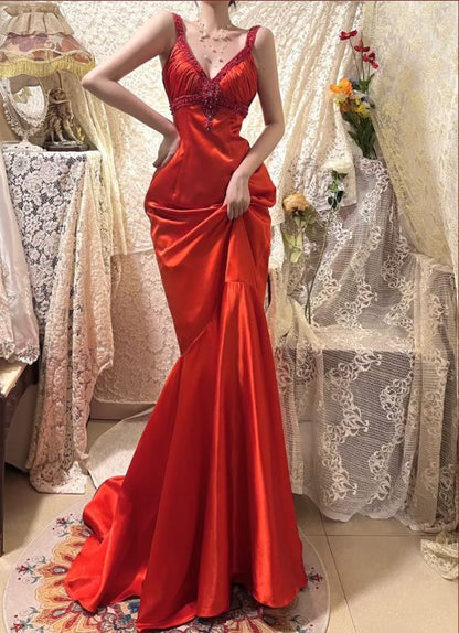 Vintage Red Mermaid Straps Exquisite Beaded Satin Prom Dress DP5178