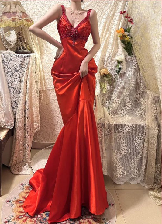 Vintage Red Mermaid Straps Exquisite Beaded Satin Prom Dress DP5178