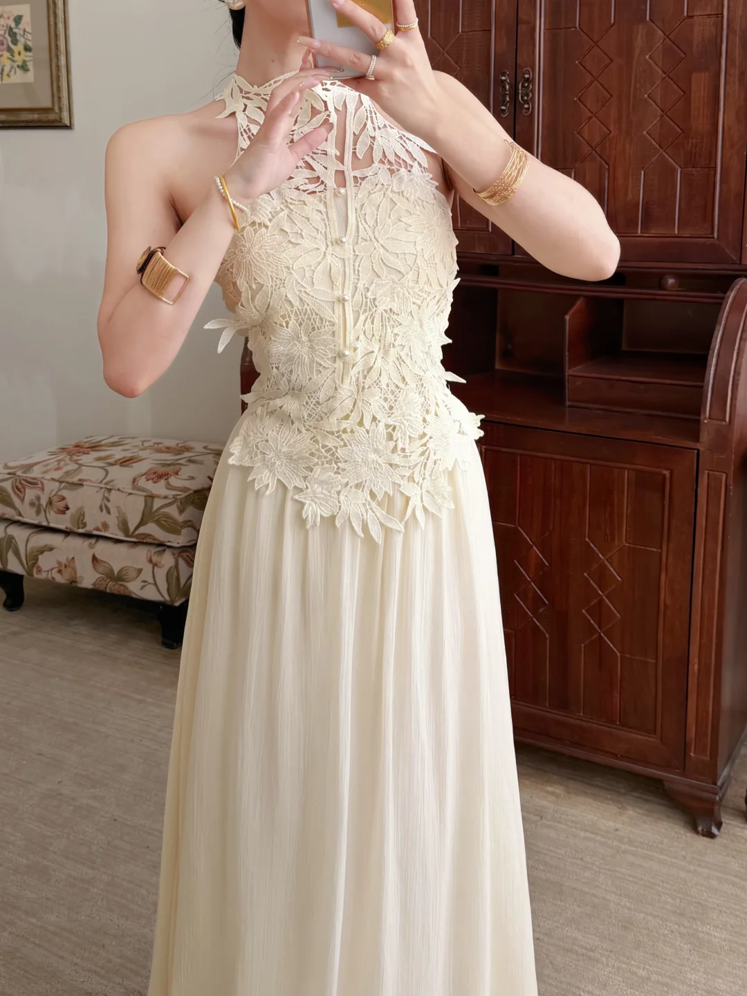 Elegant Ivory A Line Halter Lace Chiffon Long Prom Dress Evening Dress DP6463