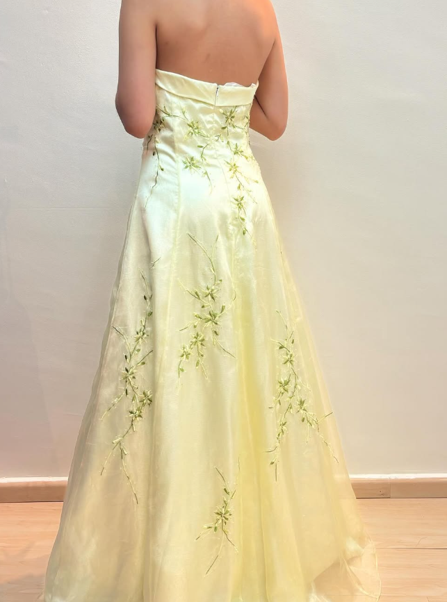 Elegant A Line Strapless Embroidery Light Yellow Satin Prom Dress Evening Dress DP1641