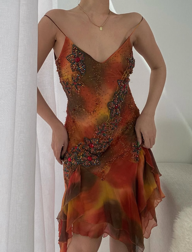 Vintage A Line Spaghetti Strap Beaded Ruffle Chiffon Evening Dress Homecoming Dress DP1652