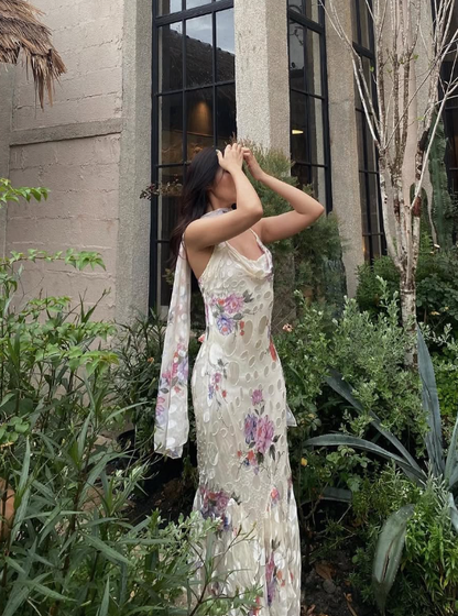 Vintage Mermaid Spaghetti Strap Ruffle Print Floral Chiffon Prom Dress Evening Dress DP1565