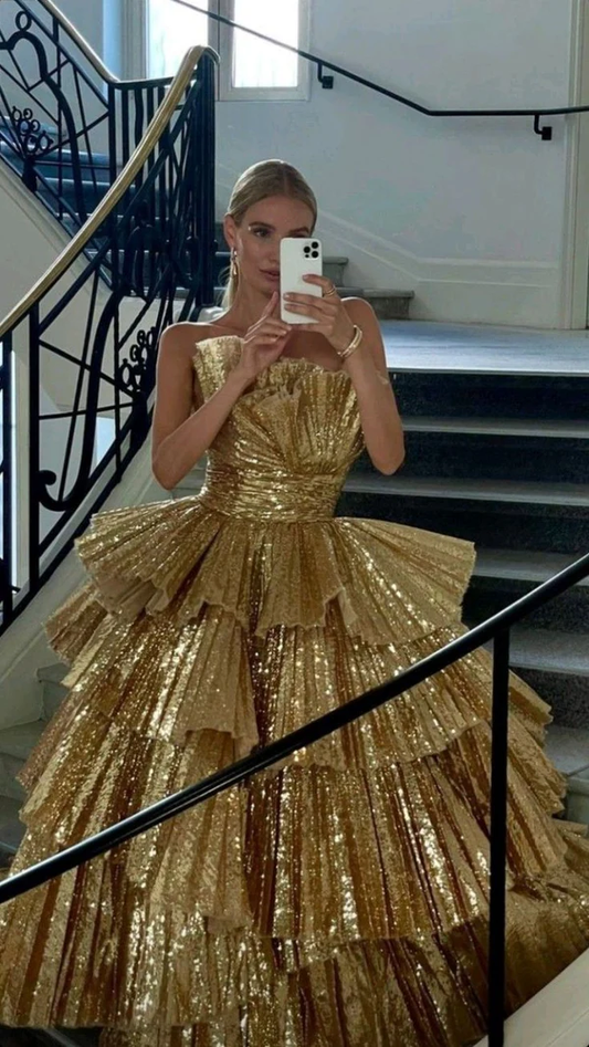 Luxurious Gold Pleated Irregular Neck Layered Prom Dress Quinceañera Party Dress DP280