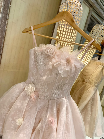 Light Pink A Line Floral Lace Tulle Short Prom Dress Homecoming Dress DP5469