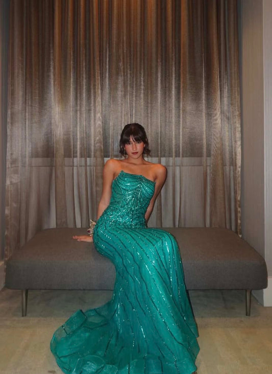 Emerald Mermaid Strapless Shiny Sequin Tulle Long Prom Dress DP8136