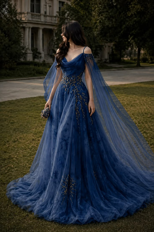Stunning A Line Straps Exquisite Beaded Tulle Long Prom Dress Party Dress DP6546