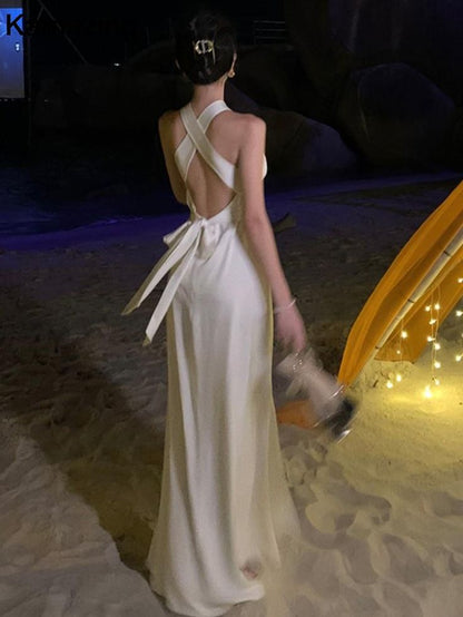 Elegant Sheath Halter Backless Satin Long Prom Dress With Slit DP907