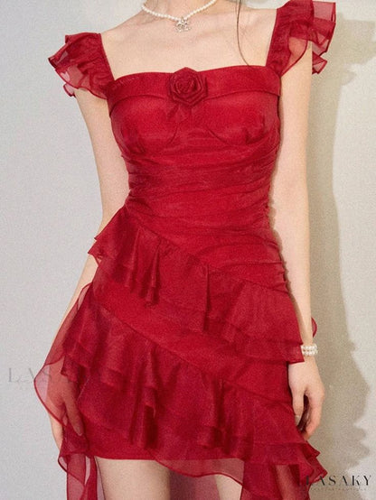 Flowy A Line Straps Ruffle Burgundy Chiffon Short Homecoming Dress Cocktail Dress DP2542