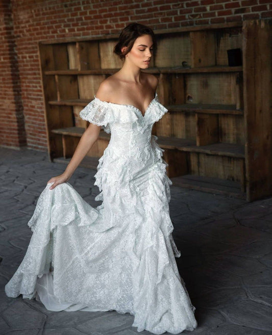 White Mermaid V Neck Ruffle Lace Long Train Wedding Dress DP6868