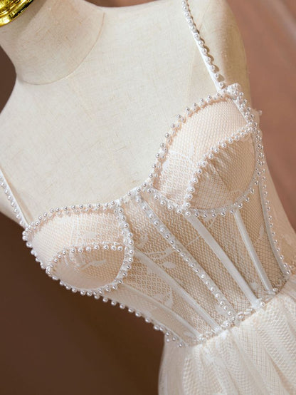 Elegant A Line Spaghetti Strap Pearl Tulle Homecoming Dresses DP795