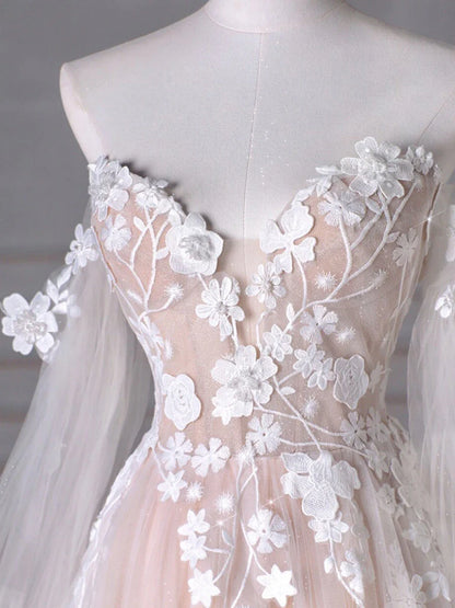 A Line Sweetheart Neck Long Sleeve Lace Tulle Light Champagne Long Prom Dress DP943